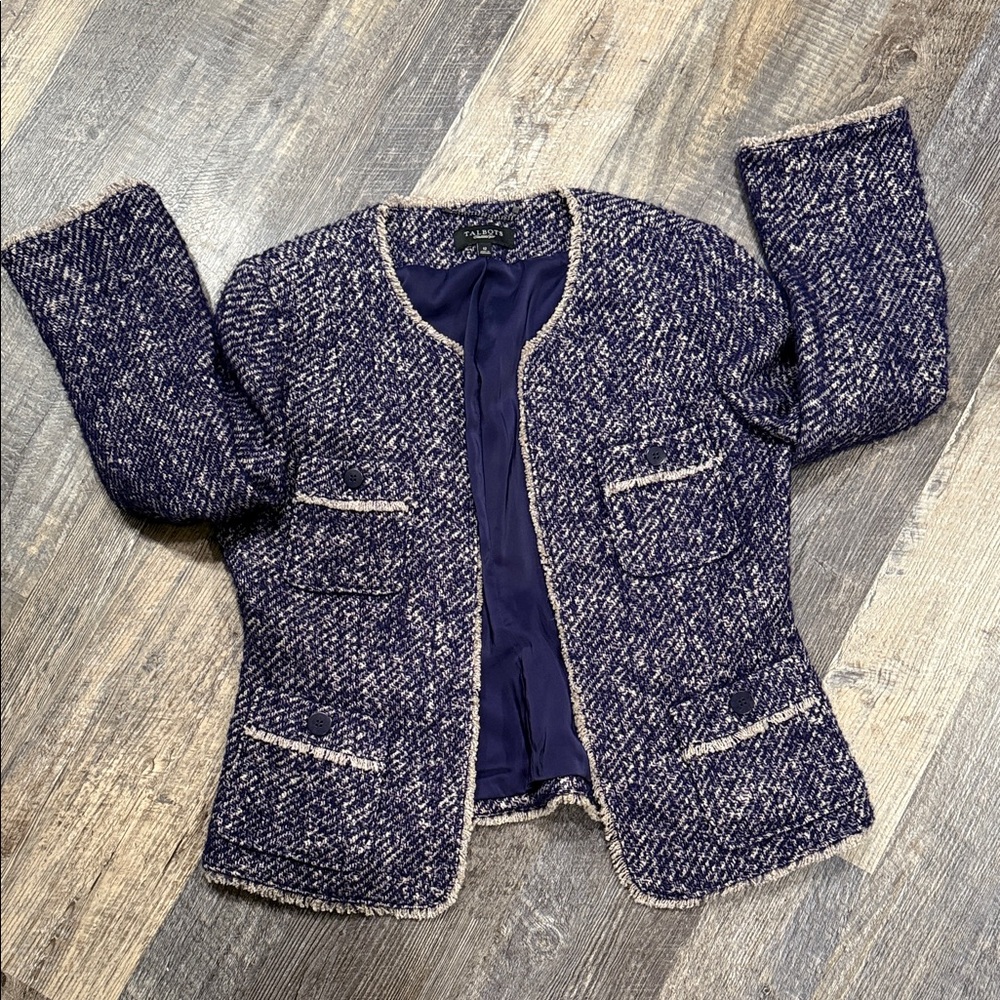 Talbots Navy and Cream Tweed Collarless Blazer